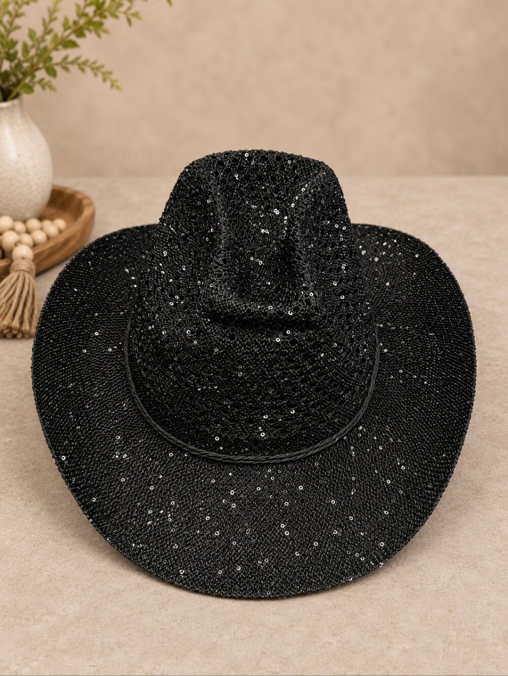LA Valentina Sparkly Sequined Black Straw Cowboy Hat for Women - NWT - Picture 2 of 5